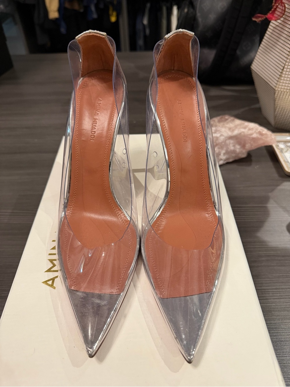 Amina Muaddi Clear PVC Pointed Pumps with Tan Insole